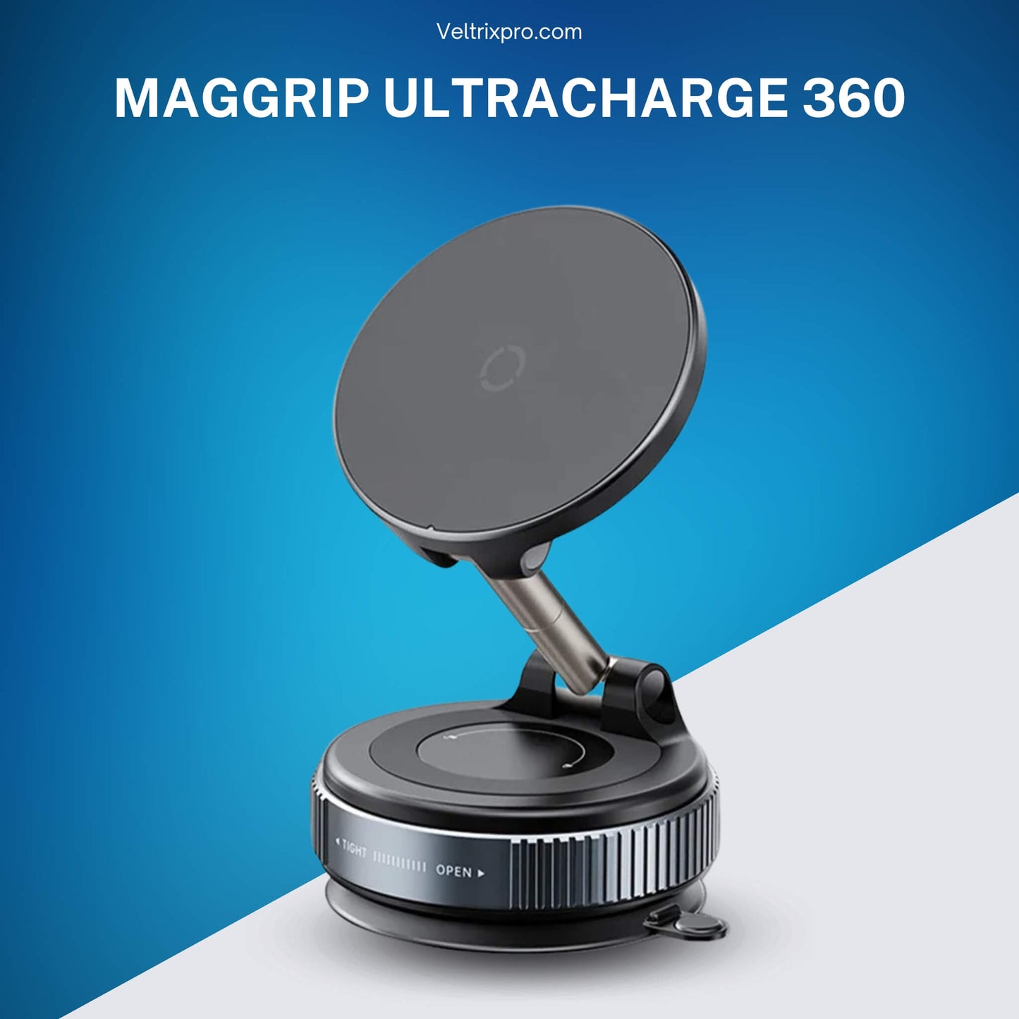 Maggrip UltraCharge 360 magnetic car phone mount with adjustable arm and vacuum suction base on blue background