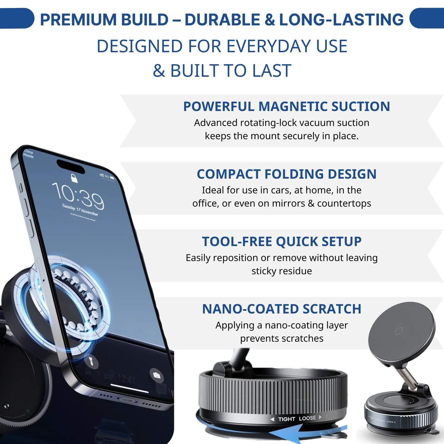 Maggrip UltraCharge 360 features strong magnetic suction, compact foldable design, tool-free setup, and nano-coated scratch protection