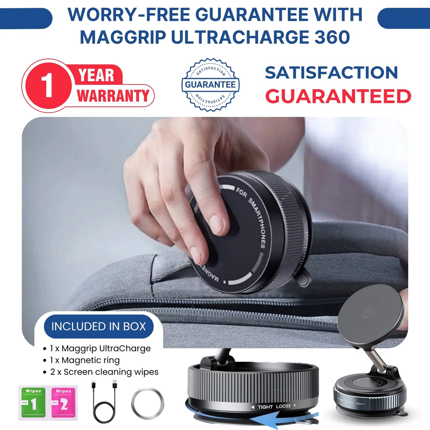 Maggrip UltraCharge 360 with 1-year warranty, satisfaction guarantee, and included accessories like magnetic ring and wipes