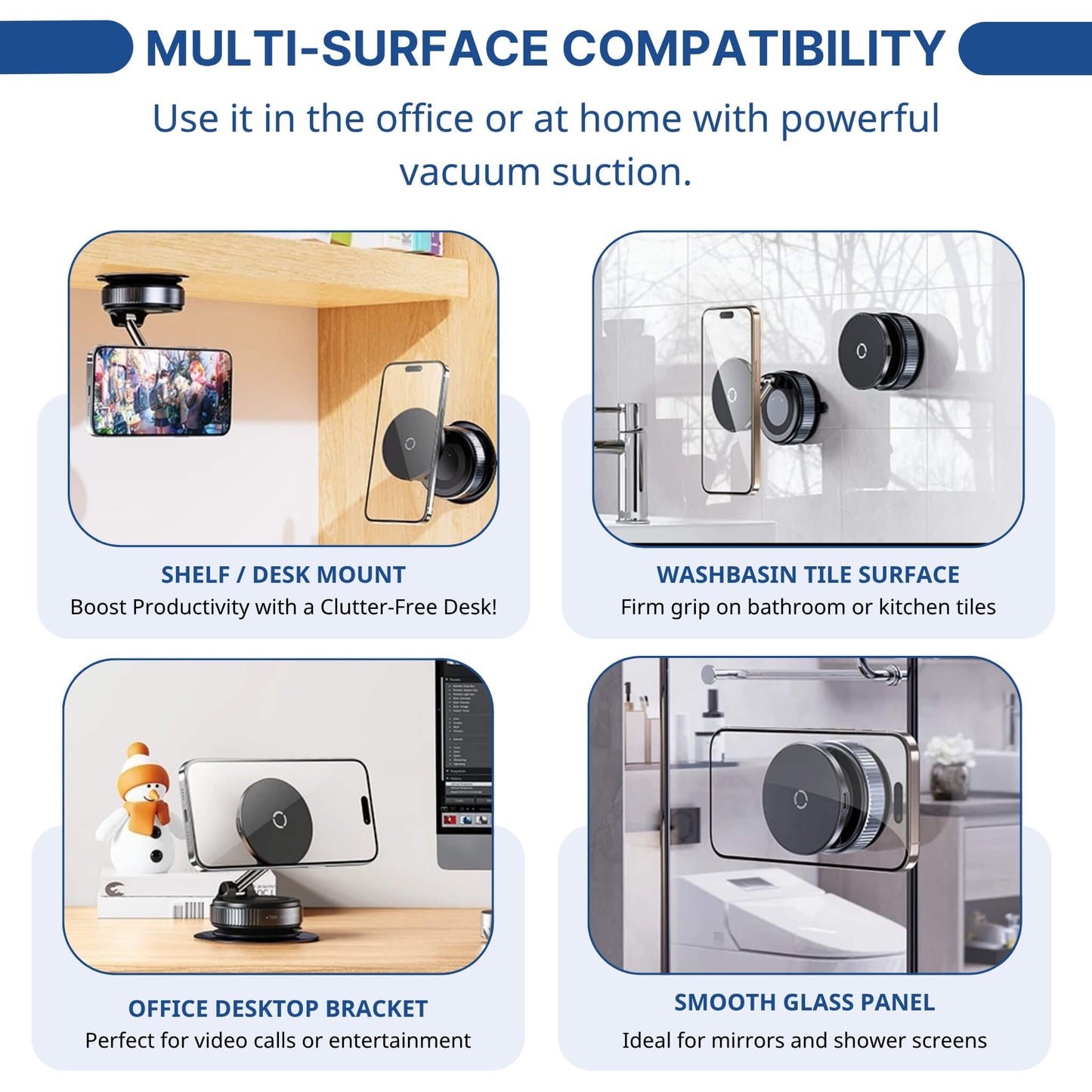 Maggrip UltraCharge 360 mounted on shelf, desk, tile, and glass surfaces for versatile home and office use