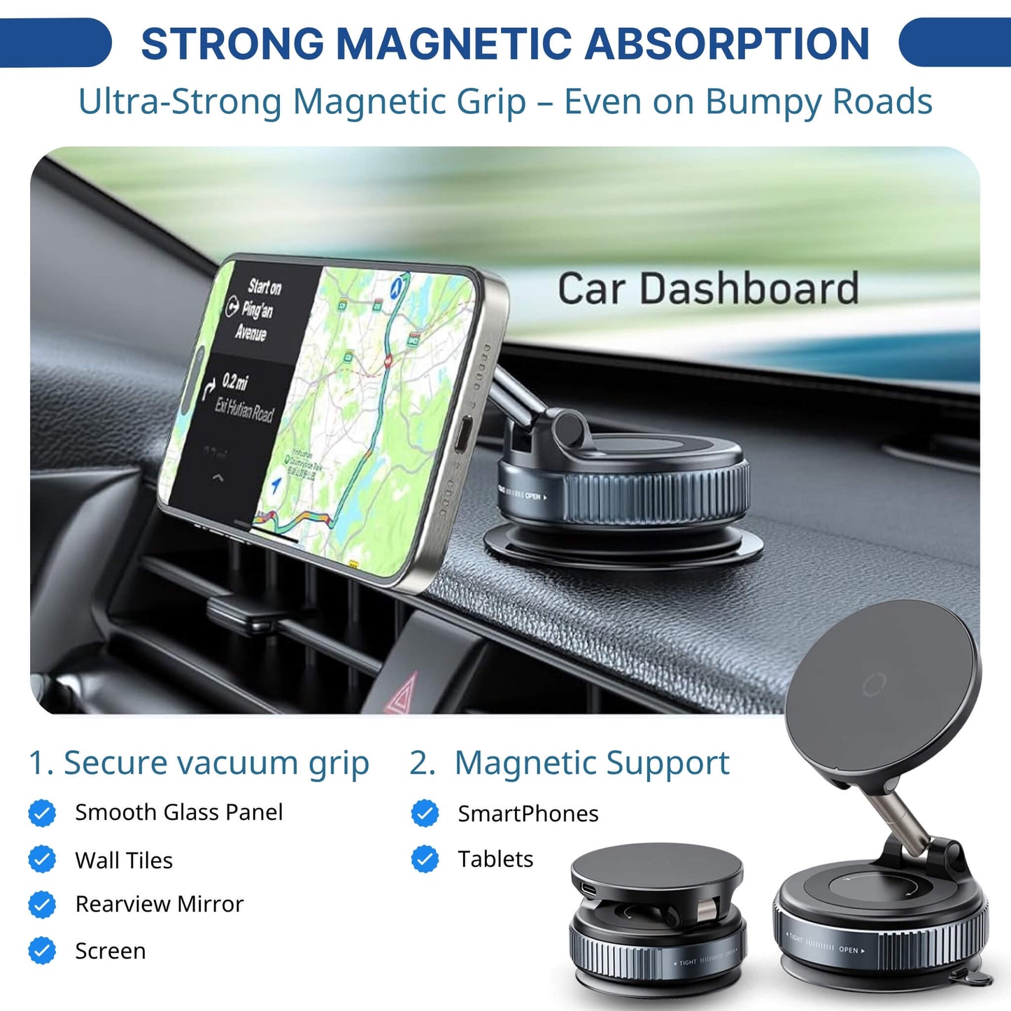 Maggrip UltraCharge 360 car phone mount on dashboard with strong magnetic grip and vacuum suction holding smartphone securely