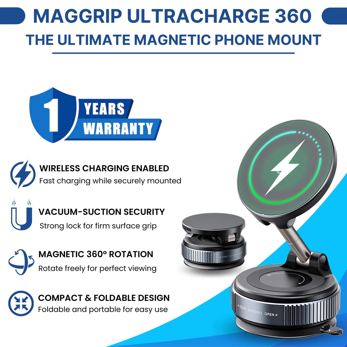Maggrip UltraCharge 360 magnetic phone mount with wireless charging, vacuum suction, 360 rotation, and foldable design