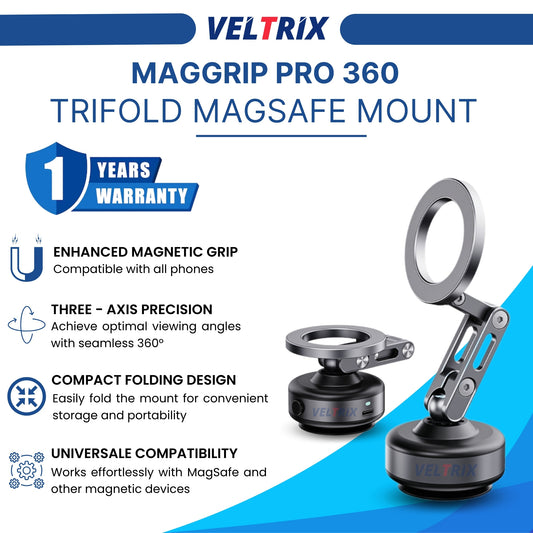 MagGrip Pro 360 Trifold – MagSafe phone mount with 360° precision, strong magnetic grip & compact foldable design. Works with all phones & cases.
