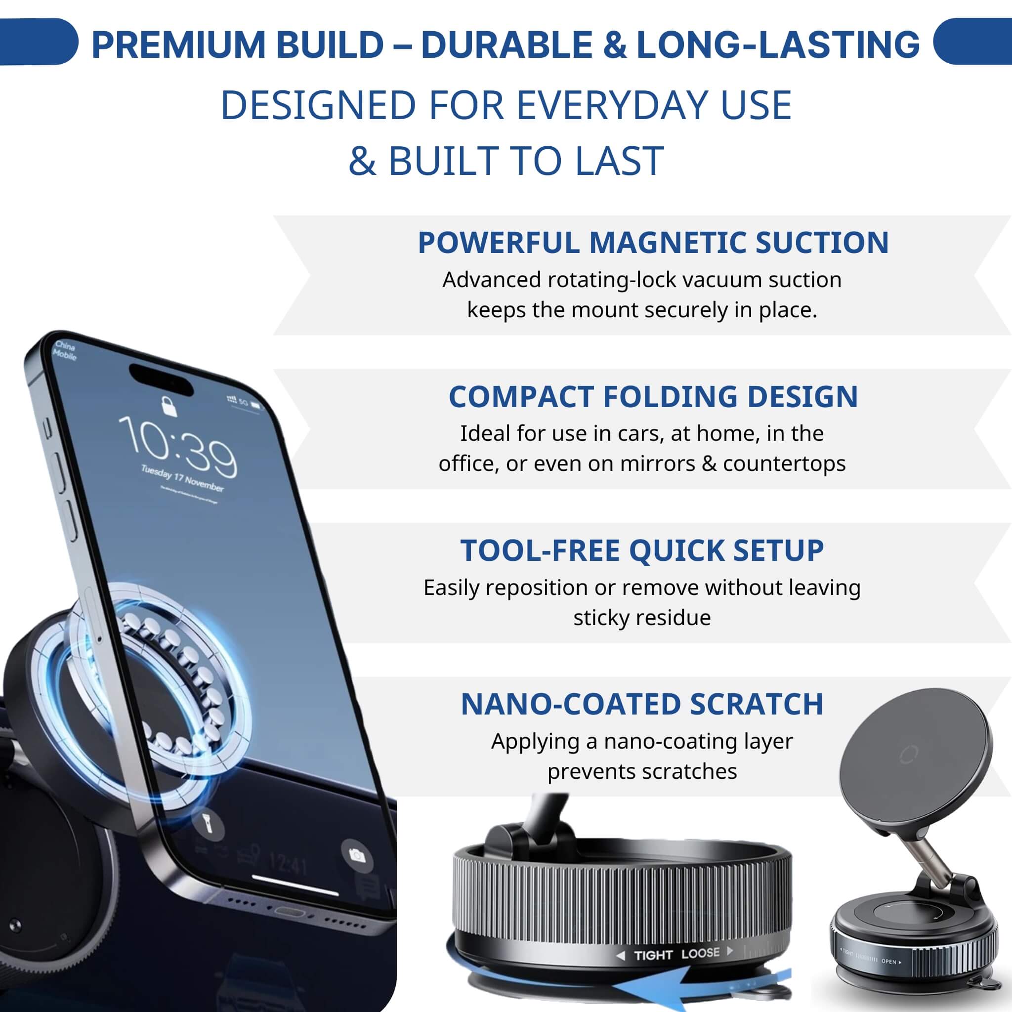 Maggrip UltraCharge 360 features strong magnetic suction, compact foldable design, tool-free setup, and nano-coated scratch protection
