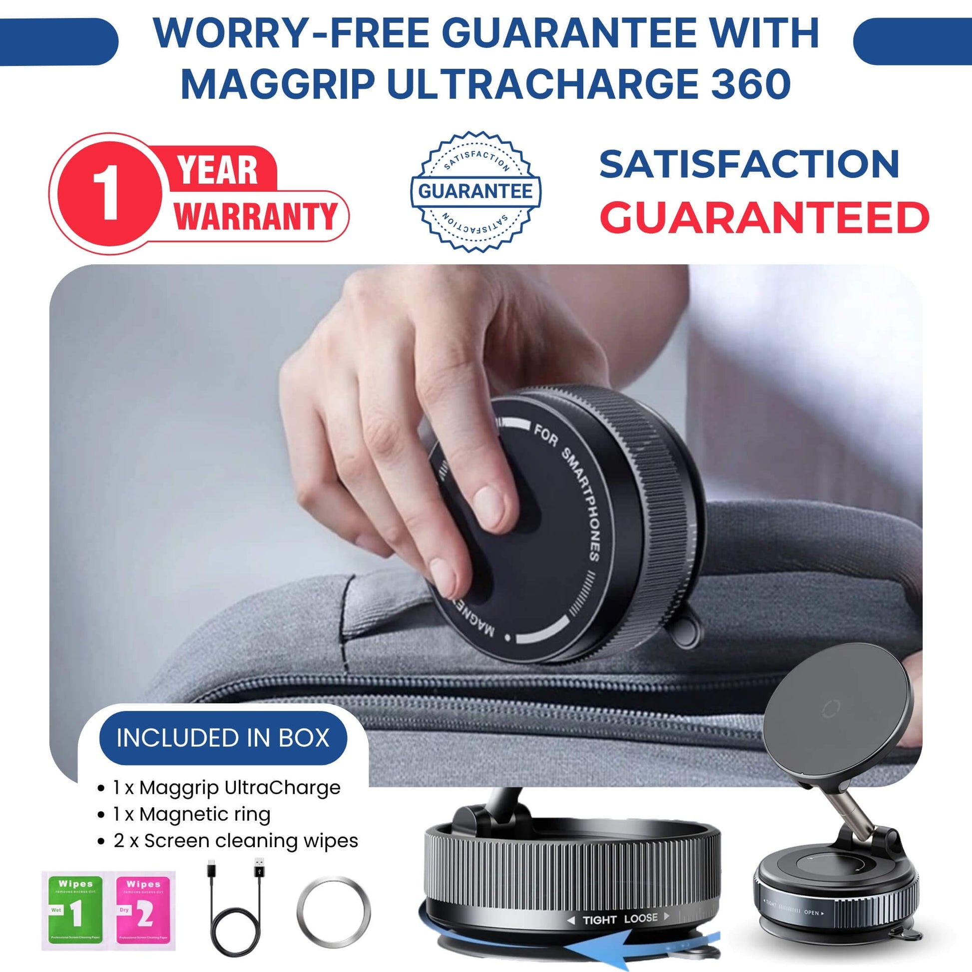 Maggrip UltraCharge 360 with 1-year warranty, satisfaction guarantee, and included accessories like magnetic ring and wipes