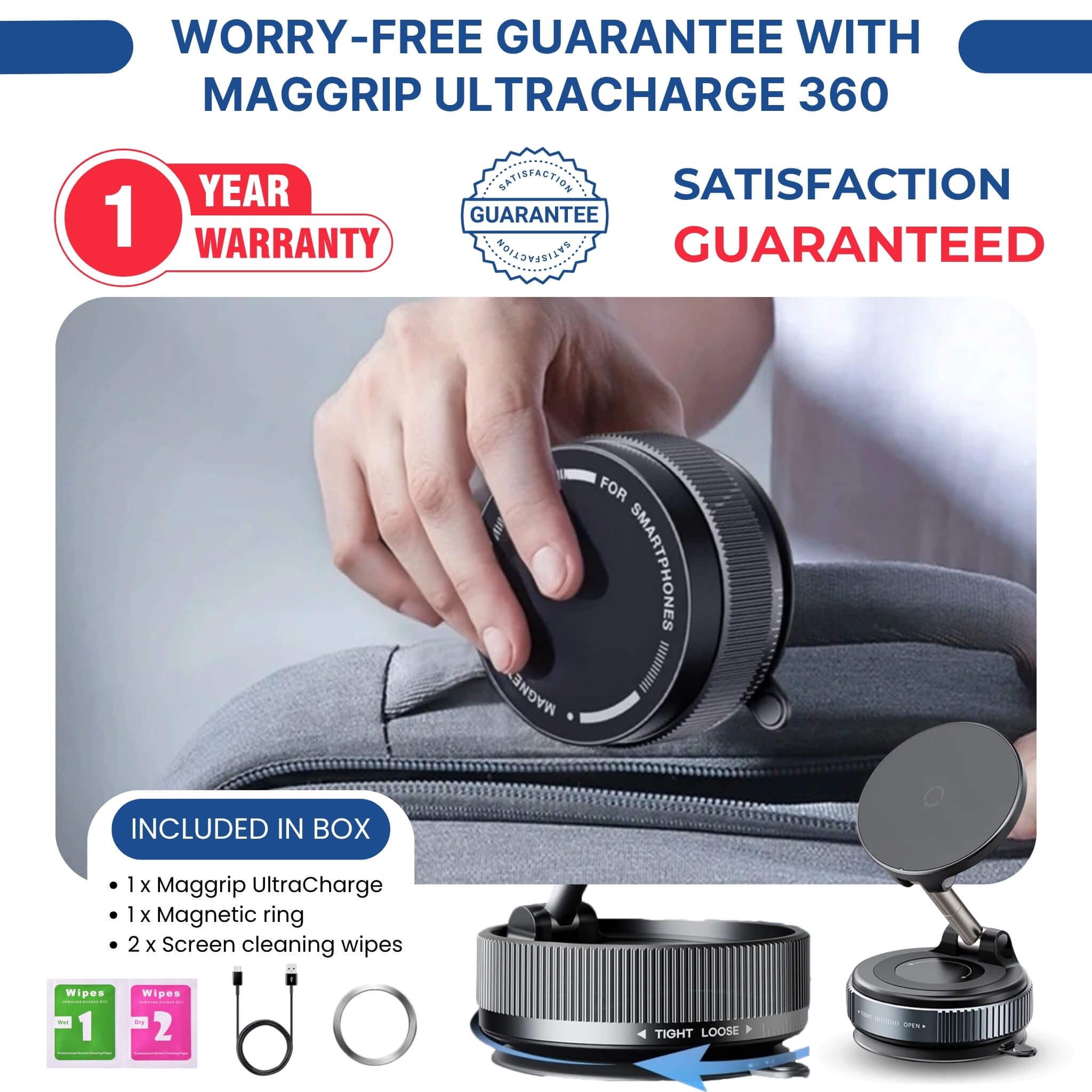 Maggrip UltraCharge 360 with 1-year warranty, satisfaction guarantee, and included accessories like magnetic ring and wipes