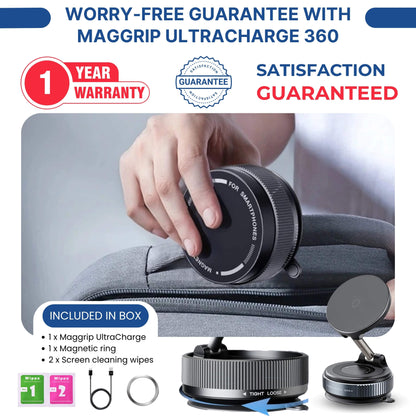 Maggrip UltraCharge 360 with 1-year warranty, satisfaction guarantee, and included accessories like magnetic ring and wipes