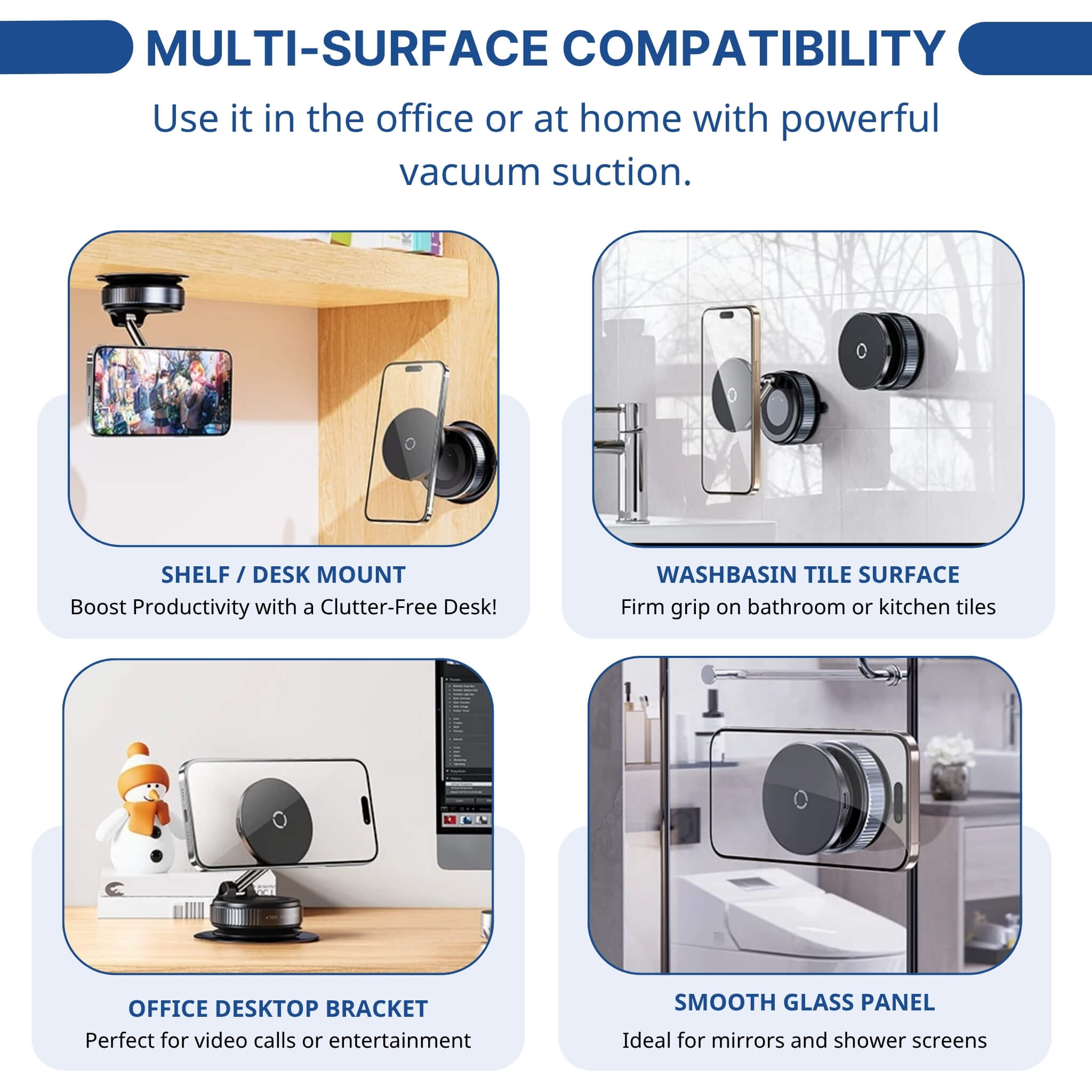 Maggrip UltraCharge 360 mounted on shelf, desk, tile, and glass surfaces for versatile home and office use