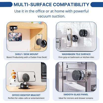 Maggrip UltraCharge 360 mounted on shelf, desk, tile, and glass surfaces for versatile home and office use