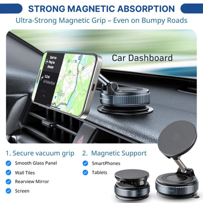 Maggrip UltraCharge 360 car phone mount on dashboard with strong magnetic grip and vacuum suction holding smartphone securely