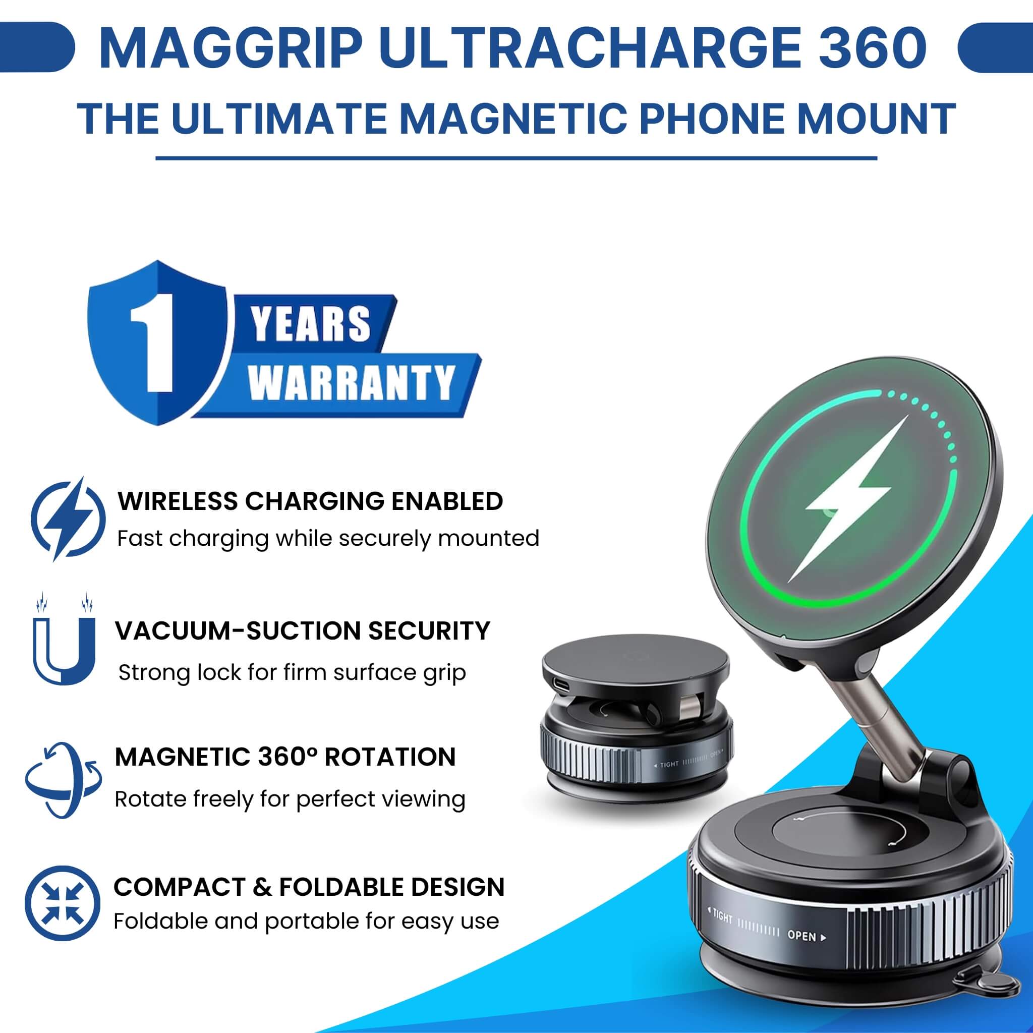 Maggrip UltraCharge 360 magnetic phone mount with wireless charging, vacuum suction, 360 rotation, and foldable design