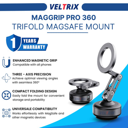 MagGrip Pro 360 Trifold – MagSafe phone mount with 360° precision, strong magnetic grip & compact foldable design. Works with all phones & cases.
